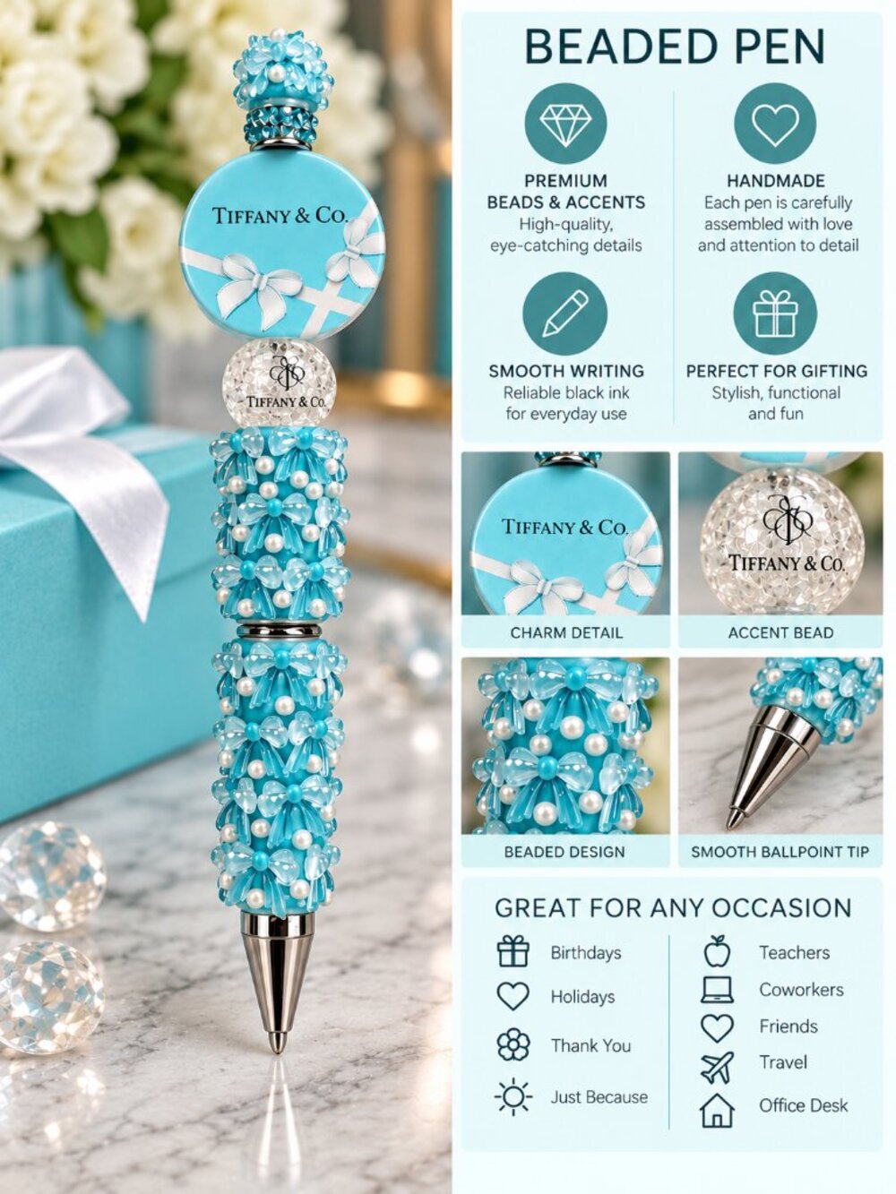 Blue Glam Handmade Beaded Twist Pen | Gift Ready